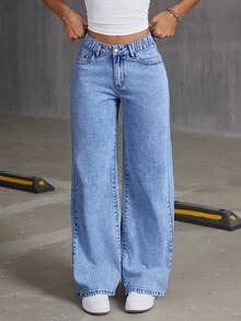Tween Girl's Oversized Bow Print Denim Palazzo Pants, Loose And Fashionable - Dark Wash - View 2