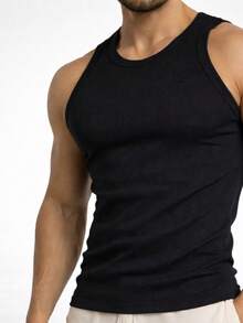 Men's Ribbed Slim Fit Tank Top, American Style, Gym/Fitness - Black - View 2