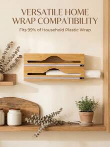 1 Piece: Cling Film Cutter, Wall-Mounted Bamboo And Wood Kitchen Storage Rack, Foil Box And Paper Towel Holder, Two-Way Sliding Blade Multi-Layer Organizer, 2-Layer And 3-Layer Options, With Hanging Rod. - View 5