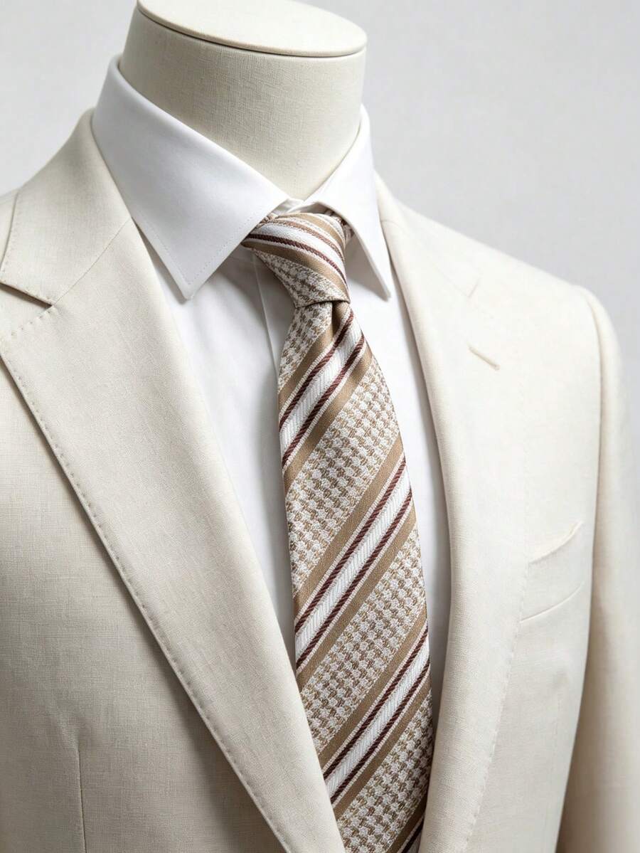 1pc Men's Classic Diagonal Stripe Khaki Tie, Suitable For Business, Banquet, Cocktail Party, Birthday, Party, Holiday - Khaki - View 1