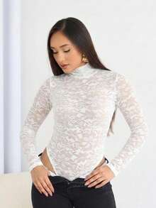 Basic Tulle Bodysuit With Long Sleeves - Fall/Winter 2025 Fashion - Encaje blanco - Ver 1
