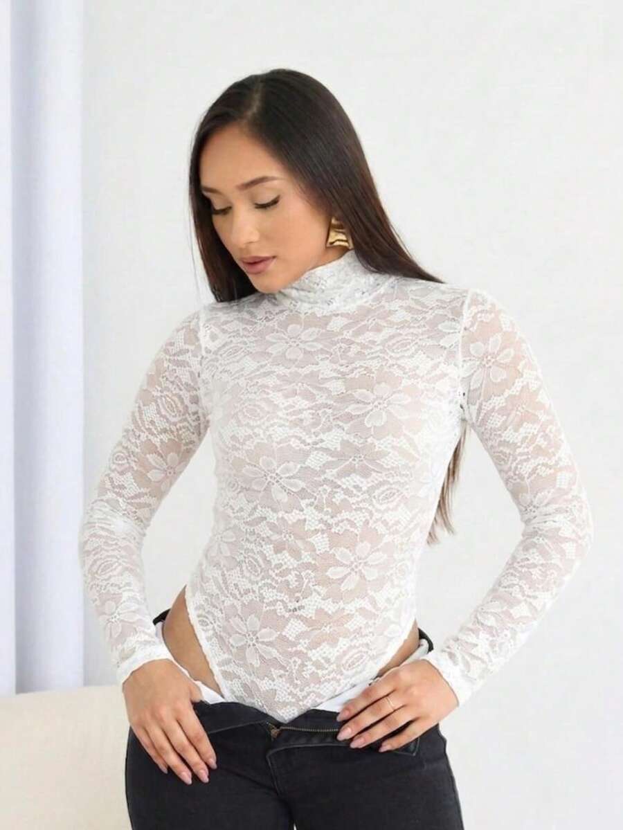 Basic Tulle Bodysuit With Long Sleeves - Fall/Winter 2025 Fashion - Encaje blanco - Ver 1