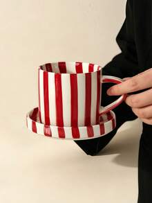 Multi-Color Vertical Striped Ceramic Coffee Cup With Matching Tray, Red Yellow Black 3-Color Striped Porcelain Latte Tea Cup Set, Vintage French Aesthetic Breakfast Tableware, Romantic Valentine's Day Birthday Housewarming Gift - Multicolor - View 15