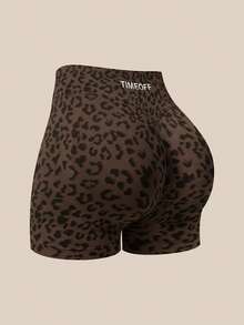 TimeOff Shorts deportivos de mujer de 1 pieza con estampado de leopardo, sin costuras, con glúteos fruncidos, cintura acanalada y cintura alta - Marrón - Ver 11