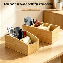 4 Grid Bamboo Desktop Storage Caddy, Two Styles Sloped & Flat Divided Bamboo Organizer Box, Space Saving Desk Storage Holder For Pens Stationery Remote Controller Office Supplies Bedroom Sundries Sorting Container - Khaki - View 5