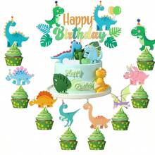 17件組恐龍主題蛋糕裝飾套組，適合趣味生日慶祝，包含杯子蛋糕插牌與主題生日派對裝飾橫幅 - 多色 - 查看 1