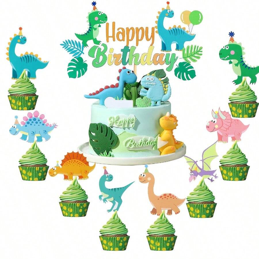 17件組恐龍主題蛋糕裝飾套組,適合趣味生日慶祝,包含杯子蛋糕插牌與主題生日派對裝飾橫幅 - 多色 - 查看 1