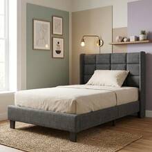 Sweiko Upholstered Single Bed Frame With Headboard, Grey Linen Platform Bed 90 X 200 Cm, Wooden Slatted Base, 13 Cm Under The Bed For Robot Vacuum Cleaner, Modern Style For The Bedroom In The Apartment, Mattress Not Included - Grey - View 1