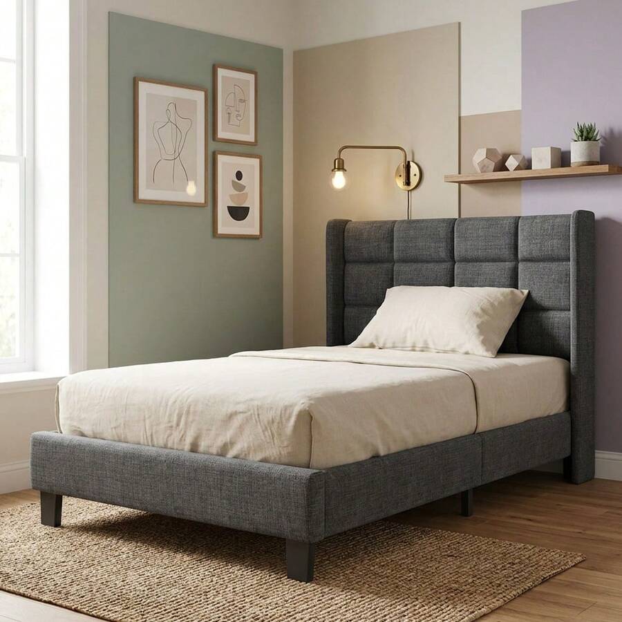 Sweiko Upholstered Single Bed Frame With Headboard, Grey Linen Platform Bed 90 X 200 Cm, Wooden Slatted Base, 13 Cm Under The Bed For Robot Vacuum Cleaner, Modern Style For The Bedroom In The Apartment, Mattress Not Included - Grey - View 1