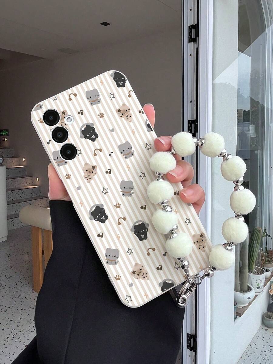 1pc White TPU Cute Cat Music Pattern Full Coverage Anti-Drop Phone Case And 1pc White Fur Ball Lanyard, Full Coverage Dustproof Waterproof Soft Shell Suitable For Versatile Phone Case/Lanyard Phone Case/Interesting Phone Case/Android Phone Case/ Phone Case/ Phone Case/ Phone Case - Multicolor - View 1