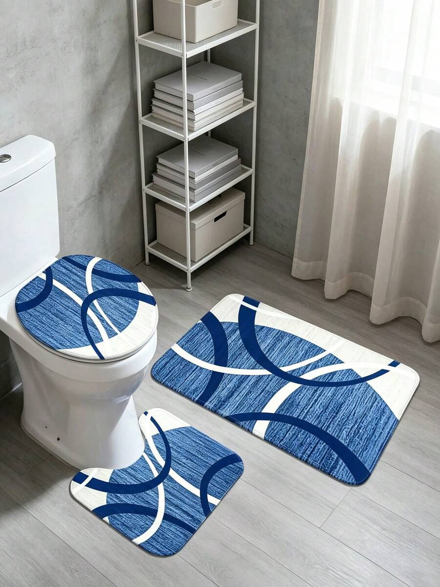 1pc/3pcs Blue & White Abstract Line Pattern Flannel Printed Bathroom Mat, Washable Polyester Fiber Decorative Rug, Soft Skin-Friendly Thick Absorbent Mat, Foldable Easy Care Mat, Available In Bath Mat, U-Shaped Mat, Toilet Lid Cover, Suitable For Bathroom Shower Area, Toilet Washroom, Living Room, Indoor Entrance, Home Use, Home Bathroom Decor Carpet, Multi-Purpose Mat, All-Season Wear-Resistant Mat, Decorative Bathroom Mat - Multicolor - View 1
