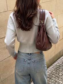 VIBEWAVE Light Gray Half-Open Single-Breasted Waist-Cinching Short Knit Cardigan Women's Minimalist Commuter Style Spring/Autumn Slim Fit Flattering Top - Grey - View 5