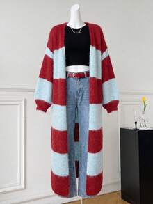Women's Colorblock Striped Fuzzy Long Cardigan, Front Open Lantern Sleeve Loose Oversized Long Knit Sweater Jacket, Y2K Style Falloutfits - Multicolor - View 5