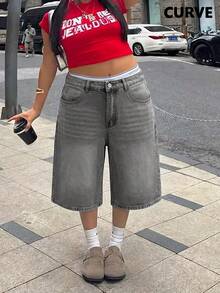 春夏新款欧美街头风中腰无弹宽松休闲大码女式牛仔短裤 - 淺灰色 - 查看 4