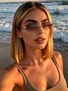 1 Paio di Occhiali da Donna Senza Montatura con Sfumatura Tè Ovale, Adatti per Vacanze al Mare, Shopping, Fotografia di Viaggio, Occhiali di Moda Decorativi Versatili con Stile Retrò - Montatura dorata con lenti marroni - Visualizzare 4