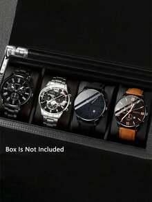 Set Jam Tangan Quartz Fashion Pria 4 Buah - Dial Bulat, Tali Stainless Steel dan Kulit Imitasi, Pilihan Warna Hitam dan Cokelat, Cocok untuk Ulang Tahun, Idul Fitri, Natal - MultiWarna - View 1