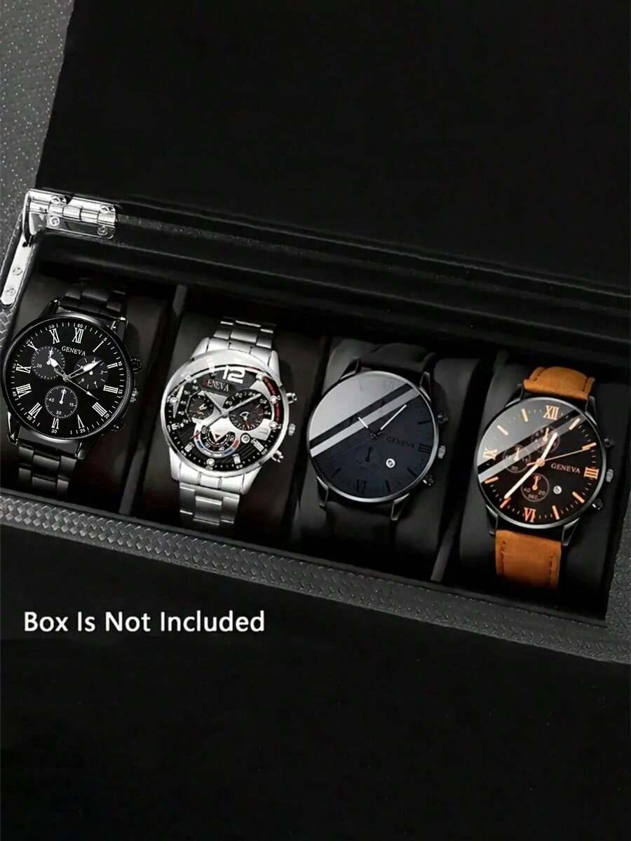 Set Jam Tangan Quartz Fashion Pria 4 Buah - Dial Bulat, Tali Stainless Steel dan Kulit Imitasi, Pilihan Warna Hitam dan Cokelat, Cocok untuk Ulang Tahun, Idul Fitri, Natal - MultiWarna - View 1