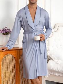 Men's Comfortable Casual Home Wear Solid Color Printed Belted Lapel Contrast Trim Design Long Sleeve Bathrobe Pajamas - Multicolor - View 1