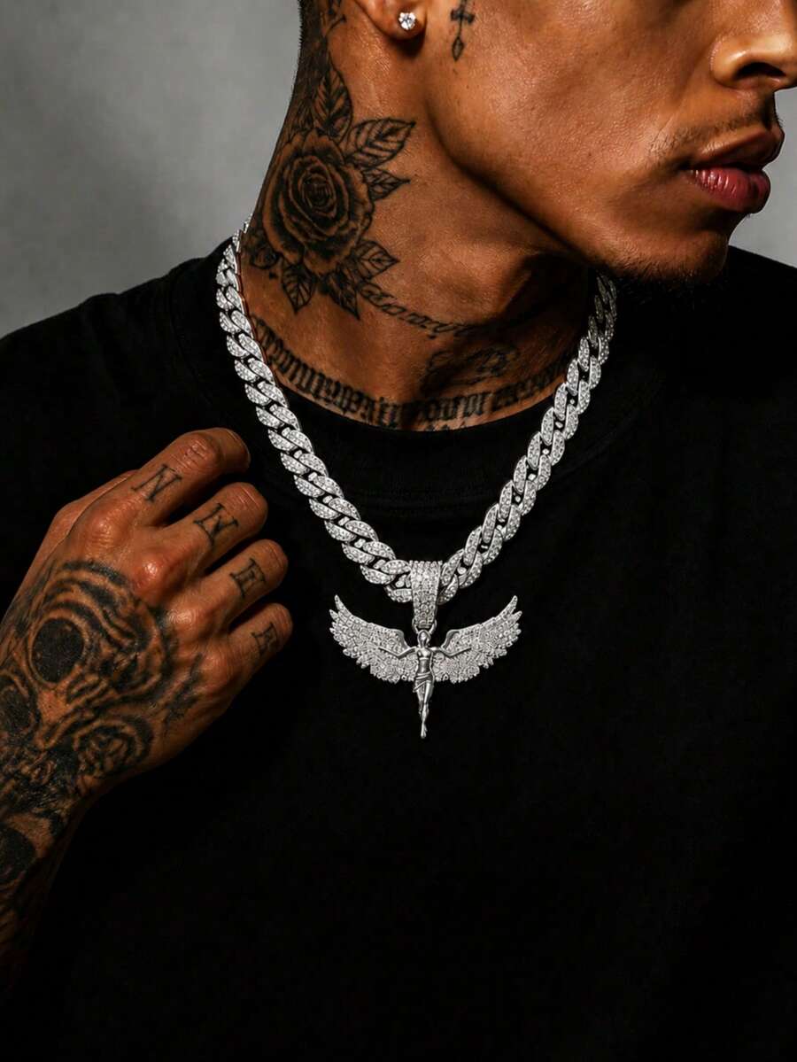 1pc Hiphop Goddess Angel Pendant Necklace, Zinc Alloy Gold-Tone Jewelry, Suitable For Men, Party/Music Festival Gift, Versatile Wear All Year Round, Party Accessory, Accessory, Luxurious Glossy Texture