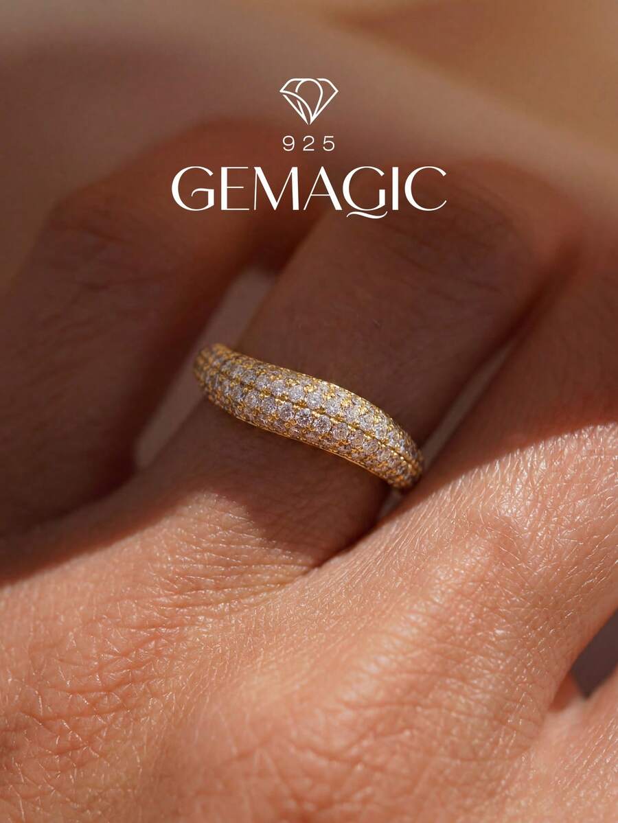 1pc Curved Inlaid Ring 925 Sterling Silver Exquisite Women's Jewelry Perfect For Daily Wear Birthday Gift Delicate Jewelry - Curved Micro-pavé Ring - View 1