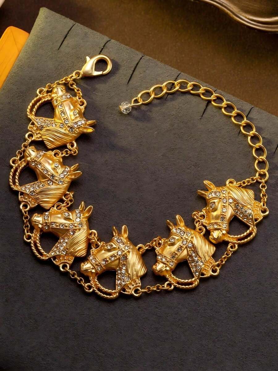 Brazalete de estilo corte en oro, decorado con seis cabezas de caballo e incrustado con diamantes, adecuado para uso diario, fiestas y ocasiones festivas - Dorado - Ver 1