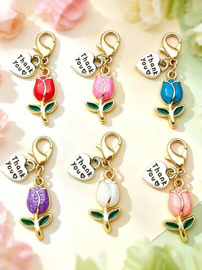 2/6pcs Tulip Alloy Keychain Bag Accessory Decoration, Exquisite Oil-Drop Metal Tulip Mobile Phone Case Decoration, Women's Clothing Accessories