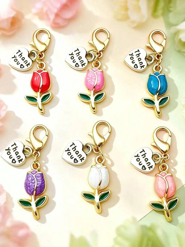 2/6pcs Tulip Alloy Keychain Bag Accessory Decoration, Exquisite Oil-Drop Metal Tulip Mobile Phone Case Decoration, Women's Clothing Accessories
