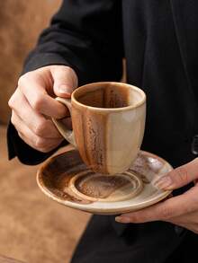 DearDali 1 Set Handmade Kiln-Fired Glazed Ceramic Cup And Saucer, 90ml, Vintage Vertical Textured Design, Microwave , Afternoon Tea Coffee Cup, Suitable For Espresso And Tea, Birthday Gift For Friends, Holiday Gift - Multicolor - View 3