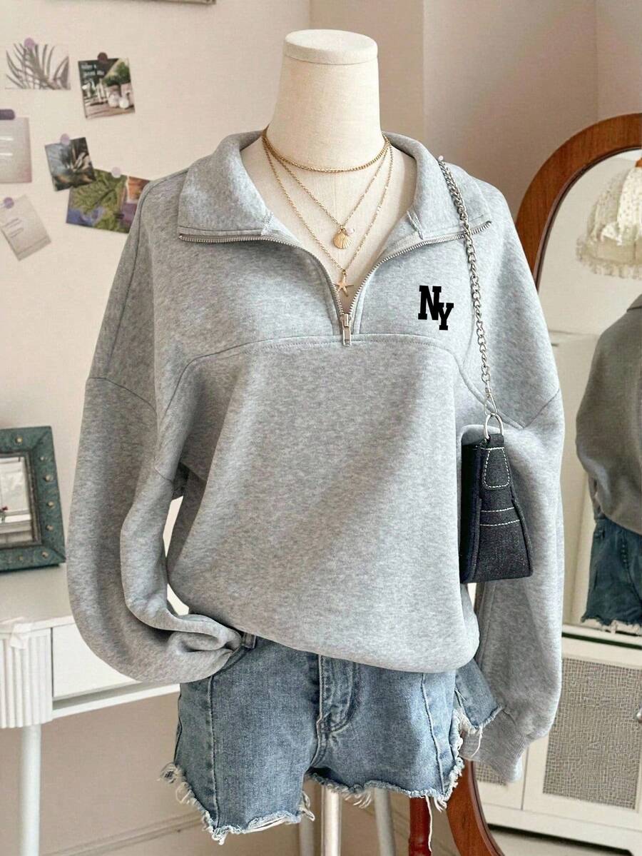 Youth Girl Letter Print Half-Zip Stand Collar Long Sleeve Top - Grey - View 1