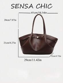 Fashion Solid Color Soft Tote Bag, Wide Opening Large Capacity Storage Handbag, Decorative Buckle Strap Design, Suitable For Work, Short Trips And Daily Use - Coffee Brown - View 2