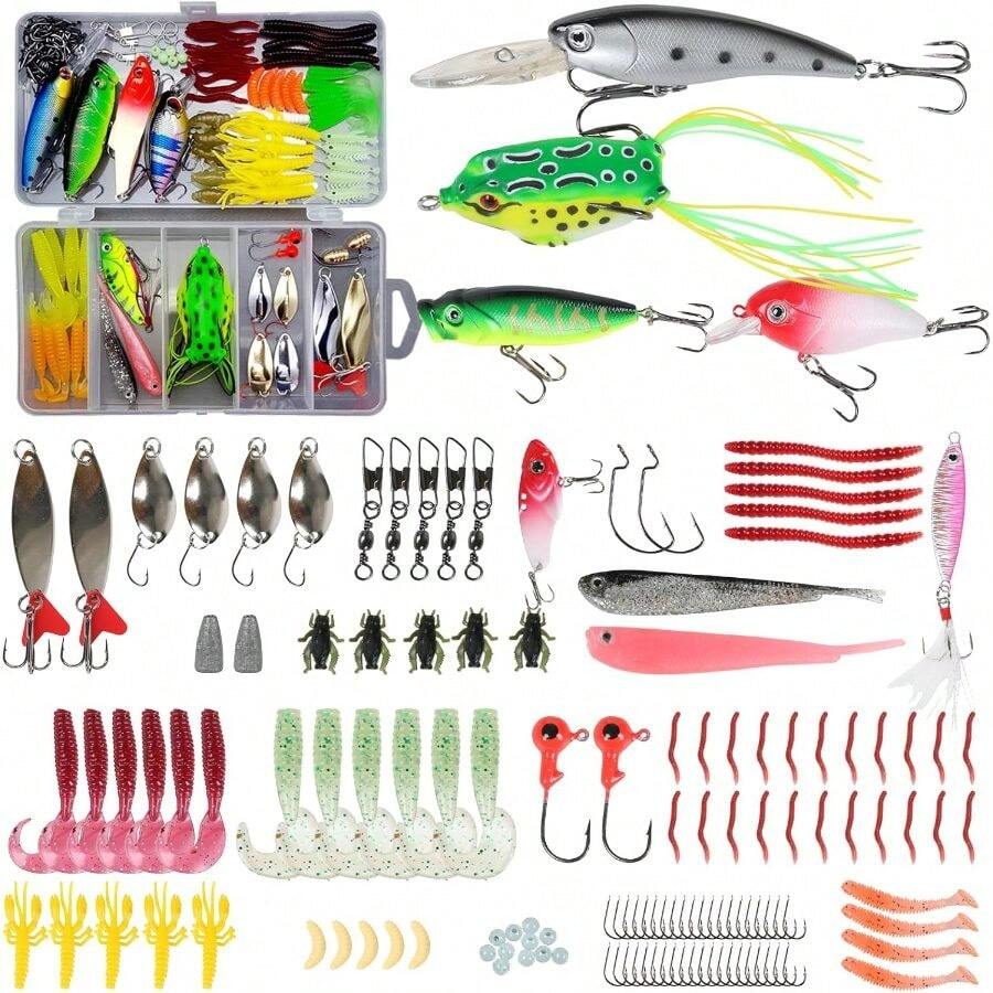 Kit de Pesca 109 PCS, Señuelos de Pesca con Caja, Incluye Anzuelos, Cucharas, Gusanos y Accesorios para Pesca en Agua Dulce y Salada, Ideal para Principiantes y Expertos - Multicolor - Ver 1