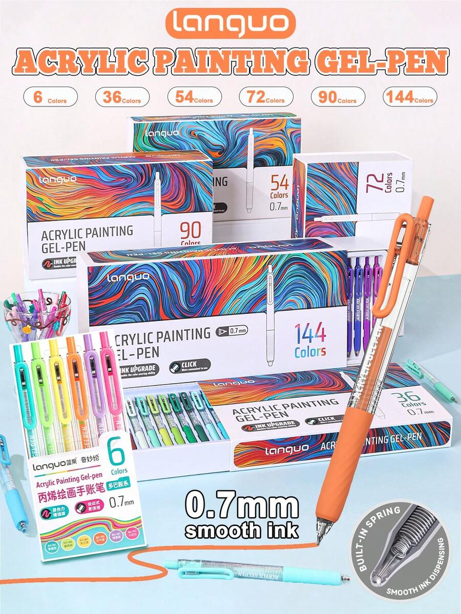 Languo Acrylic Painting Pens, 0.7mm Retractable Design, 6pcs/Pack, 15 Shades, Multi-Color Options, 36/54/72/90/144 Color Gift Set, High Saturation And Strong Coverage, Works On Black Paper, Glass, Ceramic, Wood And More Materials, Even Ink Flow Without Smudging, Suitable For Journaling, Doodle, DIY Hand Drawing, Cross-Border Art Creation
