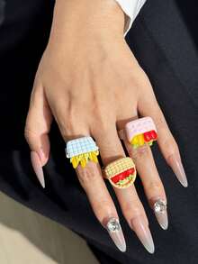 Juego de 3 anillos de resina con diseños lindos y coloridos de verduras: cesta, maíz, tomate y chile, set de anillos de dopamina coloridos de verano - Multicolor - Ver 6
