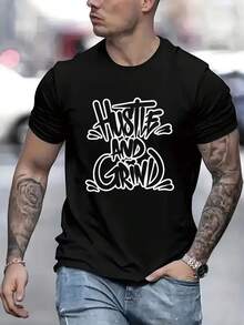 Men'S American Streetwear Graffiti "Hustle And Grind" Casual T-Shirt - Black - View 4