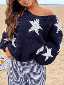 Sweater Lengan Panjang Leher V Motif Bintang Lima Warna Biru Gaya Kampus Fashion Jalanan Y2K Kasual Longgar - Royal Blue - View 6