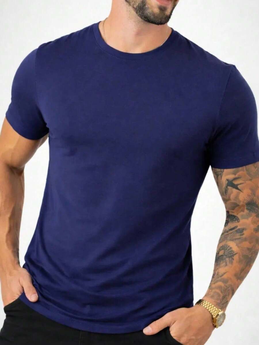 Men's Basic T-Shirt, Plain Cotton, Premium Peruvian Knit - 深藍色 - 查看 1