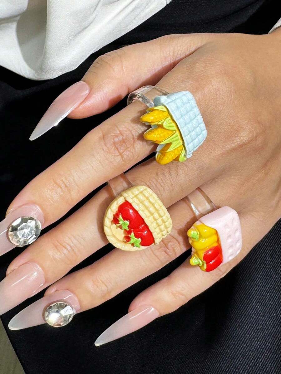 Juego de 3 anillos de resina con diseños lindos y coloridos de verduras: cesta, maíz, tomate y chile, set de anillos de dopamina coloridos de verano - Multicolor - Ver 1