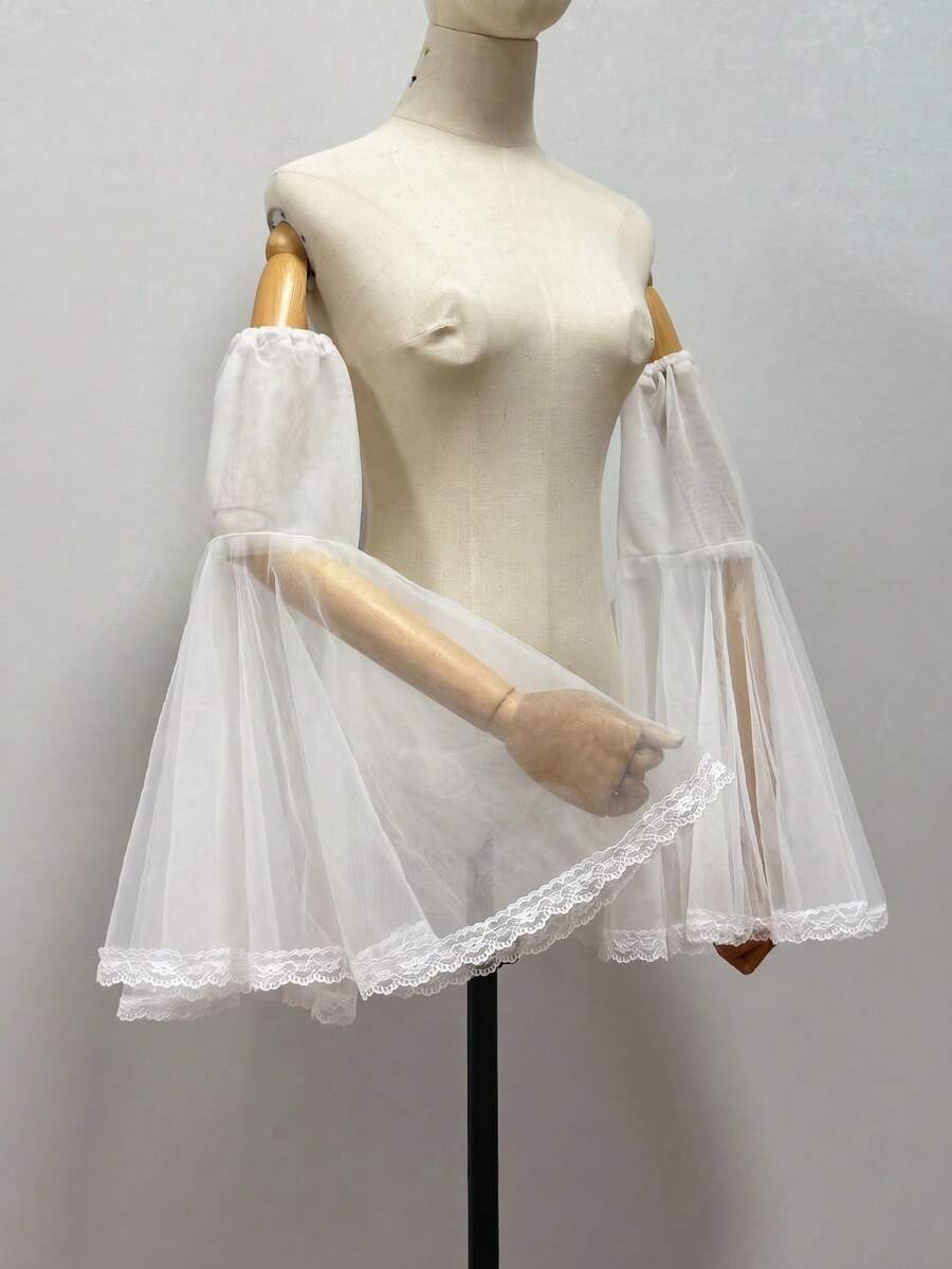 1 Pair White Mesh Lace Trim Bridal Arm Sleeves, Detachable Elastic Long Bell Sleeves - Multicolor - View 1