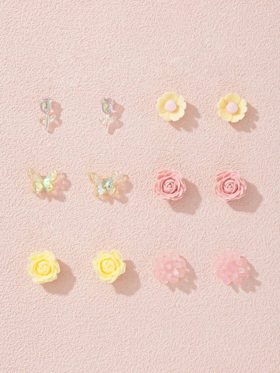 6 Paar schillernde Schmetterling & Blumen Ohrstecker Set für Frauen, zarter Schmuckgeschenk für den täglichen Gebrauch, Lässig, Dates und Ausflüge - Verschiedenfarbig - Übersicht 1