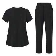 Solid Color Short Sleeve Top And Pants Scrub Uniform Matte Set, Women's Notch V-Neck Short Sleeve Scrub Top And Drawstring Pants Set, Basic Scrub Uniform - Black - View 2