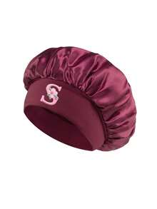 Women's Adjustable Wide Brim Satin Sleep Cap, Floral Letter A-Z Breathable Night Cap, Suitable For Curly And Natural Hair, Sleep Accessory - Burgundy - View 6