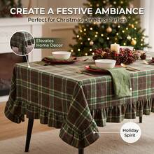 1pc Brown Green Beige Classic Scottish Plaid Tablecloth, Natural Vintage Style Fabric, Rectangular With Ruffle Edge And Pleated Detail, Decorative And Functional For Home Long Table, Suitable For Christmas, Family Dinner, Party And Winter Holiday Home Decor - Dark Green - View 1