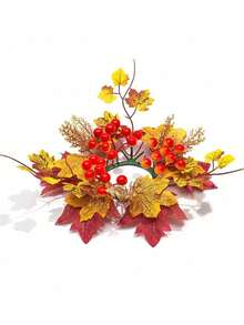 Autumn Candle Ring Wreath, Artificial Maple Leaves With Red Berries, Mixed Autumn Candle Holder Tabletop Centerpiece Decor, Yellow Orange Red Color Scheme, Round Candle Wreath, Suitable For Christmas, Thanksgiving, Wedding, Home, Dining Table, Party Decoration - Multicolor - View 5