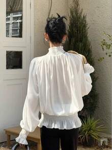 Korean Style Olive Green Half-Neck Pullover Blouse, Long Sleeve Loose Fit Shirt White - White - View 2