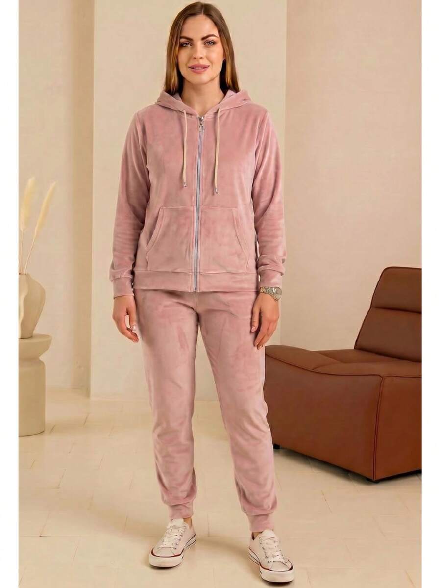 Women's Velour Tracksuit Set – Zip Hoodie With Pockets And Jogger Pants, Soft, Comfortable, Made In Poland - Dusty Pink - View 1