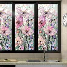 1pc Pink Cosmos Flower Stained Glass Window Privacy Film Static Cling Non Adhesive Removable Window Sticker Anti UV Light Blocking Decorative Glass Cover For Bathroom Bedroom Living Room Home Decor - Multicolor - View 3