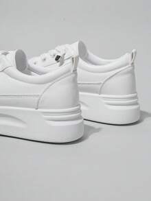 Women's Height-Increasing Solid Color Round Toe Lace-Up Thick Sole Casual Shoes, Minimalist Sporty Style For Daily Commute, Spring/Summer White Sneakers - White - View 6
