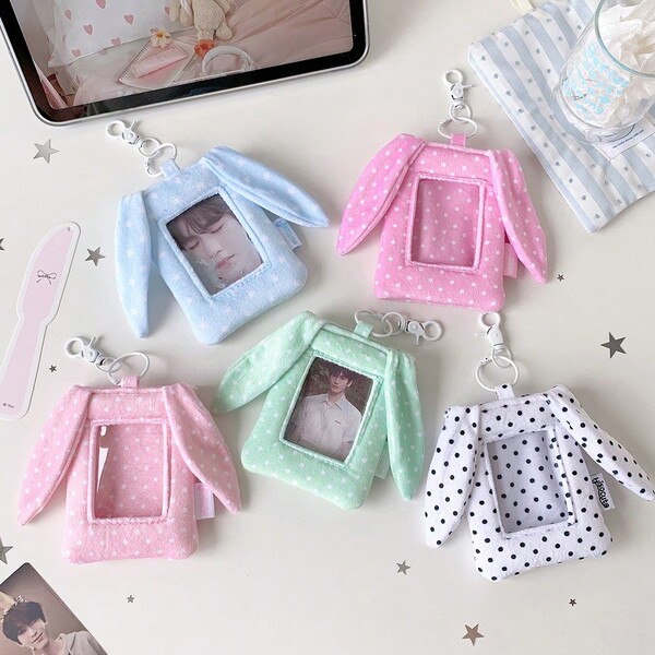 Macaron Color Polka Dot Rabbit Ear Plush Pass Case, Bus Card Holder, 3-Inch Idol Photo Card Display Sleeve, Student Campus Card Holder, ID Badge Holder