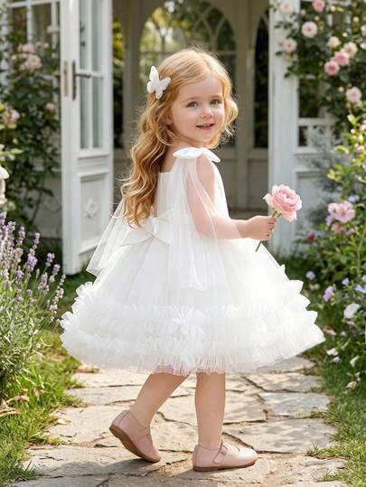 Baby Girls Bow Satin Mesh Cute Fluffy Flower Girl Dress Suitable For Travel And Vacation, Headband Not Included