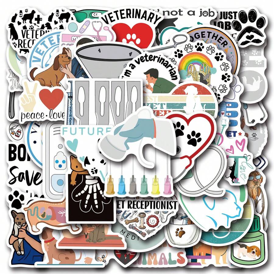 50 PcsVeterinarianStickers Perfect For Decorating Your Phone, Water Bottles, Car, Laptop. Bumper, Skateboard, Luggage, For Holiday Decorations & More! A Set Ofbrightly Colored And Aesthetically Graffiti DIY Stickers - Multicolor - View 1
